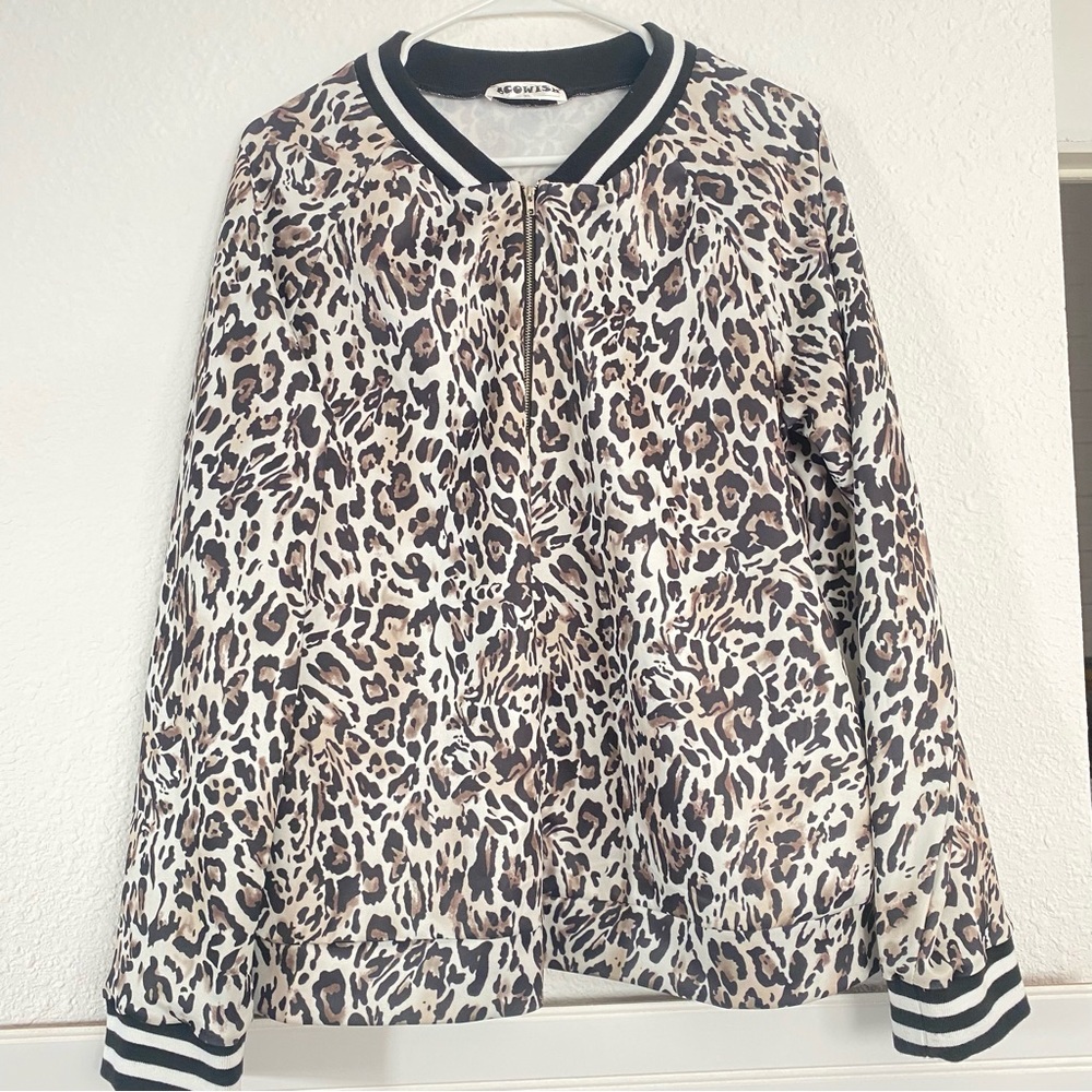 ECOWISH Women's Casual Leopard print Zip Up Bomber Jacket with pockets Size: XL